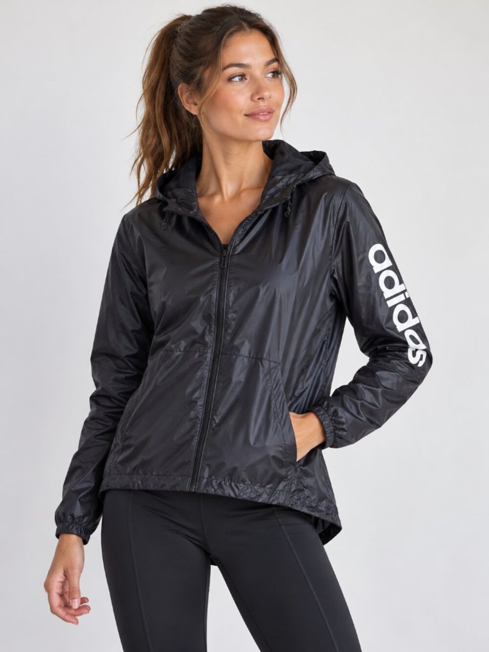 Adidas Women's Black Hooded Windbreaker Jacket Full Zip Mesh Lined Size XS